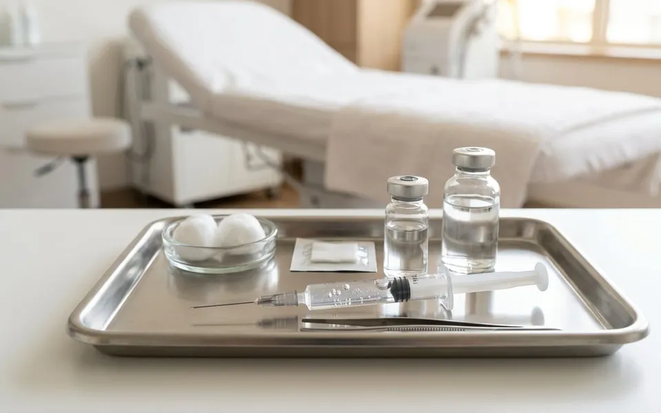 Seringa de ácido hialurônico sobre bandeja estéril em consultório dermatológico