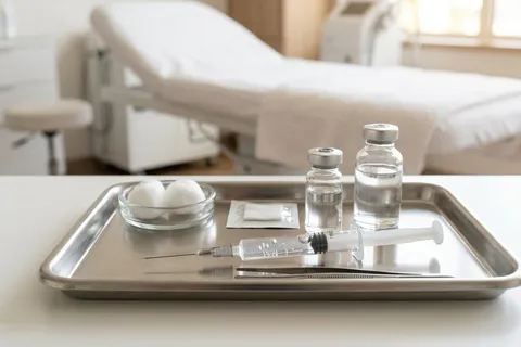Seringa de ácido hialurônico sobre bandeja estéril em consultório dermatológico