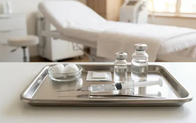 Seringa de ácido hialurônico sobre bandeja estéril em consultório dermatológico