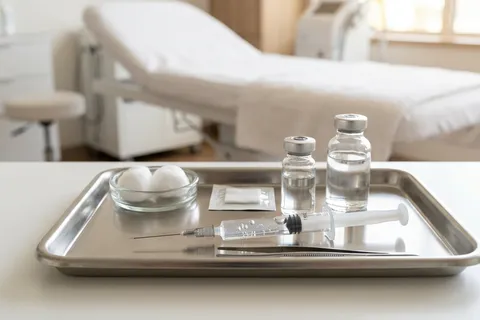 Seringa de ácido hialurônico sobre bandeja estéril em consultório dermatológico