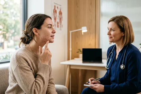 Mulher adulta em consulta dermatológica para avaliação e tratamento de acne hormonal