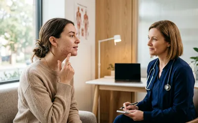 Mulher adulta em consulta dermatológica para avaliação e tratamento de acne hormonal