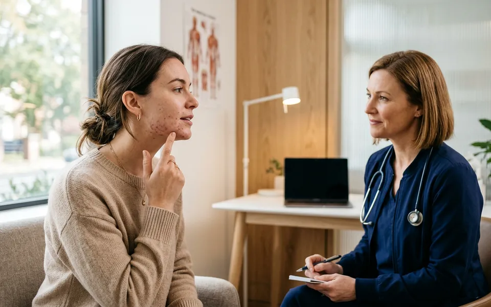 Mulher adulta em consulta dermatológica para avaliação e tratamento de acne hormonal