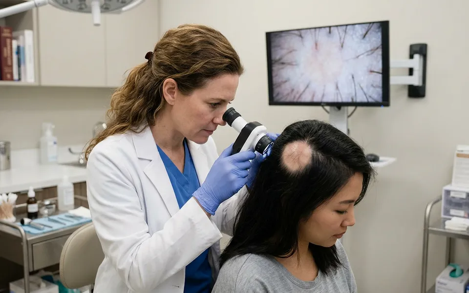 Dermatologista examinando couro cabeludo de paciente com alopecia areata