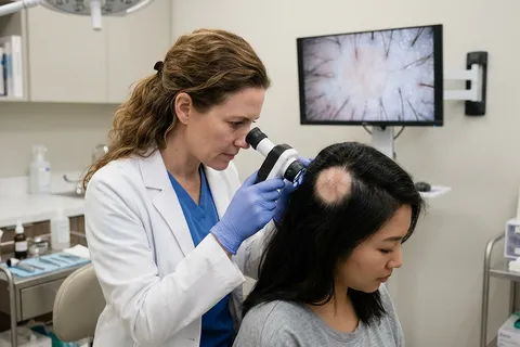 Dermatologista examinando couro cabeludo de paciente com alopecia areata