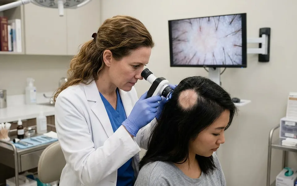 Dermatologista examinando couro cabeludo de paciente com alopecia areata