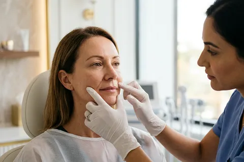 Dermatologista avaliando região do sulco nasogeniano de paciente