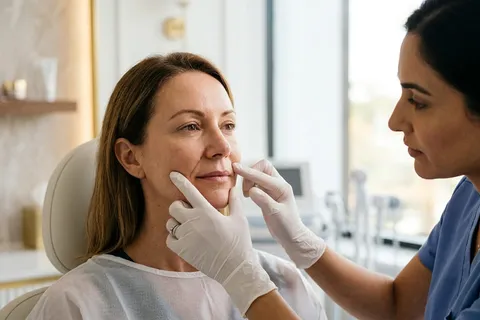 Dermatologista avaliando região do sulco nasogeniano de paciente
