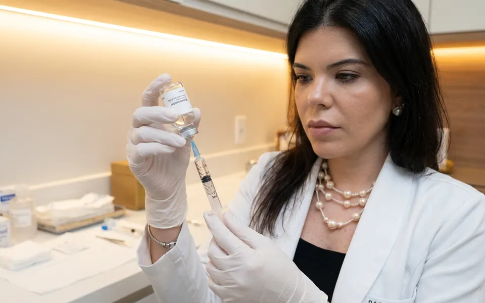 Profissional de saúde apresentando tratamento com bioestimuladores de colágeno em consultório