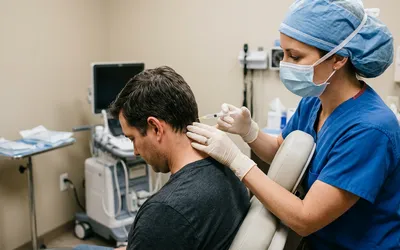 Médico realizando bloqueio do nervo occipital em paciente com enxaqueca