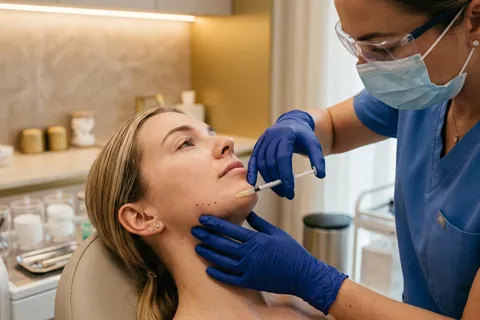 Médica aplicando toxina botulínica na região do masseter de paciente