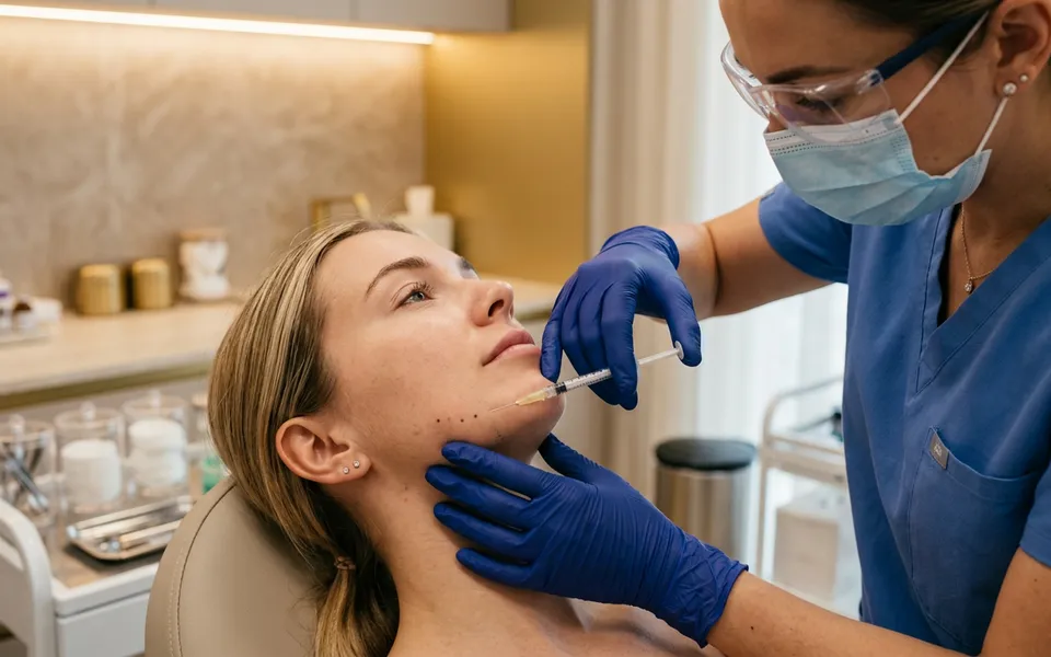 Médica aplicando toxina botulínica na região do masseter de paciente