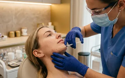 Médica aplicando toxina botulínica na região do masseter de paciente