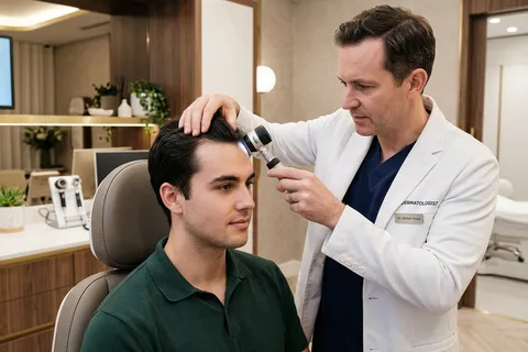Dermatologista examinando couro cabeludo de paciente masculino em consultório
