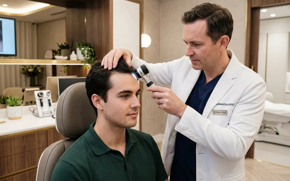 Dermatologista examinando couro cabeludo de paciente masculino em consultório