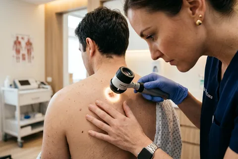 Dermatologista examinando a pele de paciente com dermatoscópio em consultório