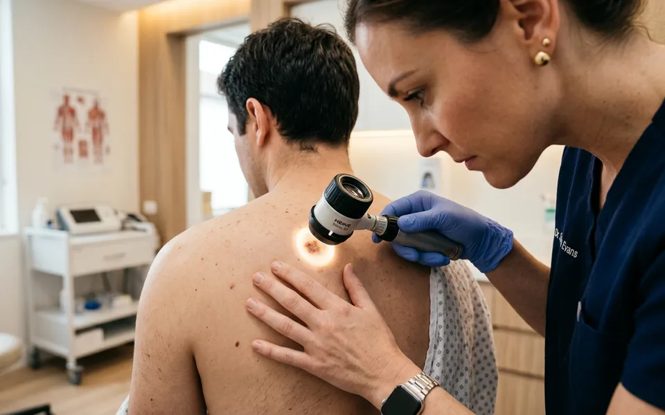 Dermatologista examinando a pele de paciente com dermatoscópio em consultório