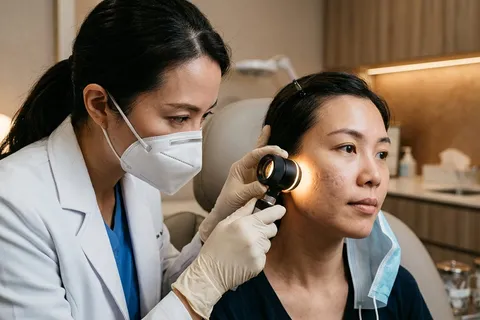 Dermatologista avaliando textura da pele de paciente para tratamento de cicatrizes de acne