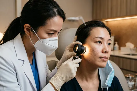 Dermatologista avaliando textura da pele de paciente para tratamento de cicatrizes de acne