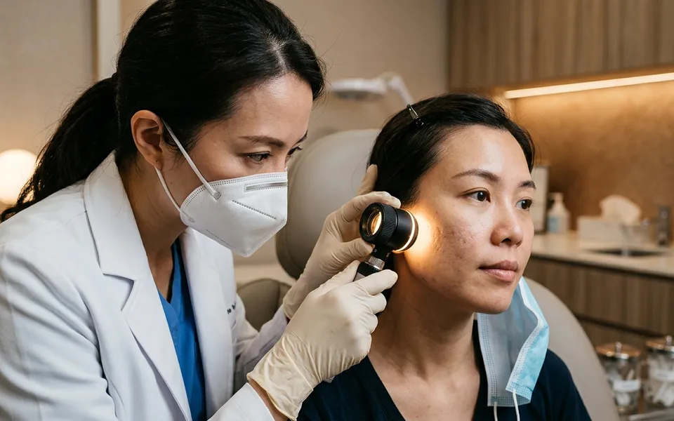 Dermatologista avaliando textura da pele de paciente para tratamento de cicatrizes de acne