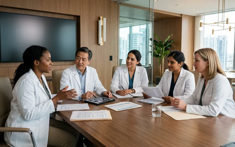 Equipe médica multidisciplinar reunida em clínica moderna