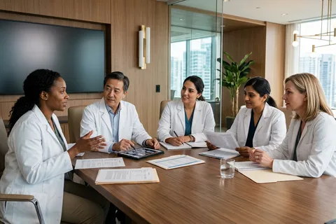 Equipe médica multidisciplinar reunida em clínica moderna