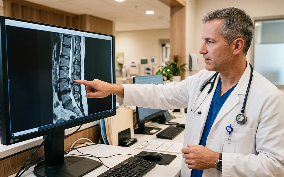 Médico analisando ressonância de coluna para diagnóstico de dor facetária