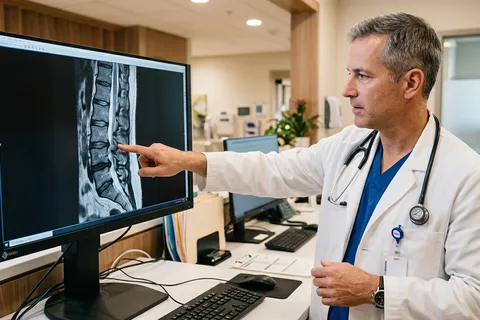 Médico analisando ressonância de coluna para diagnóstico de dor facetária