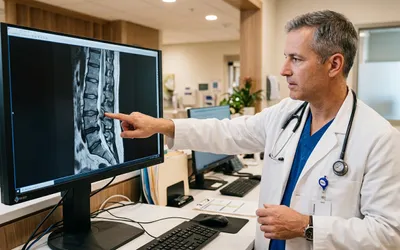 Médico analisando ressonância de coluna para diagnóstico de dor facetária