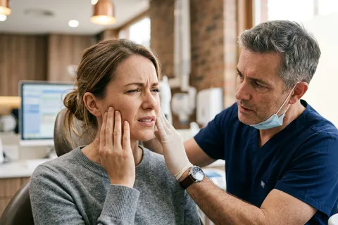 Paciente tocando a região facial com expressão de desconforto em consulta médica