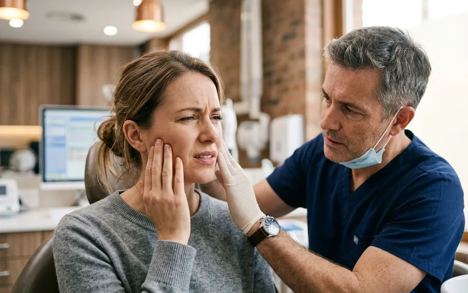 Paciente tocando a região facial com expressão de desconforto em consulta médica