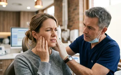 Paciente tocando a região facial com expressão de desconforto em consulta médica