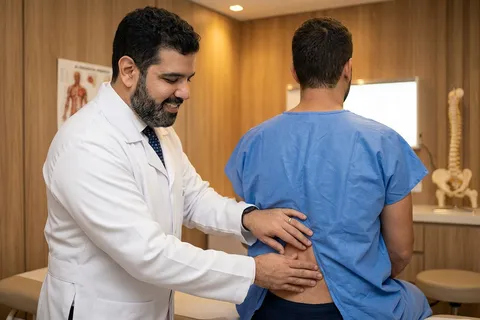 Paciente em consulta médica para avaliação de dor na coluna vertebral