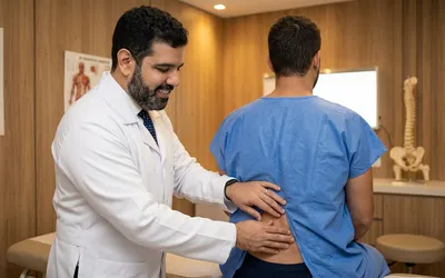 Paciente em consulta médica para avaliação de dor na coluna vertebral