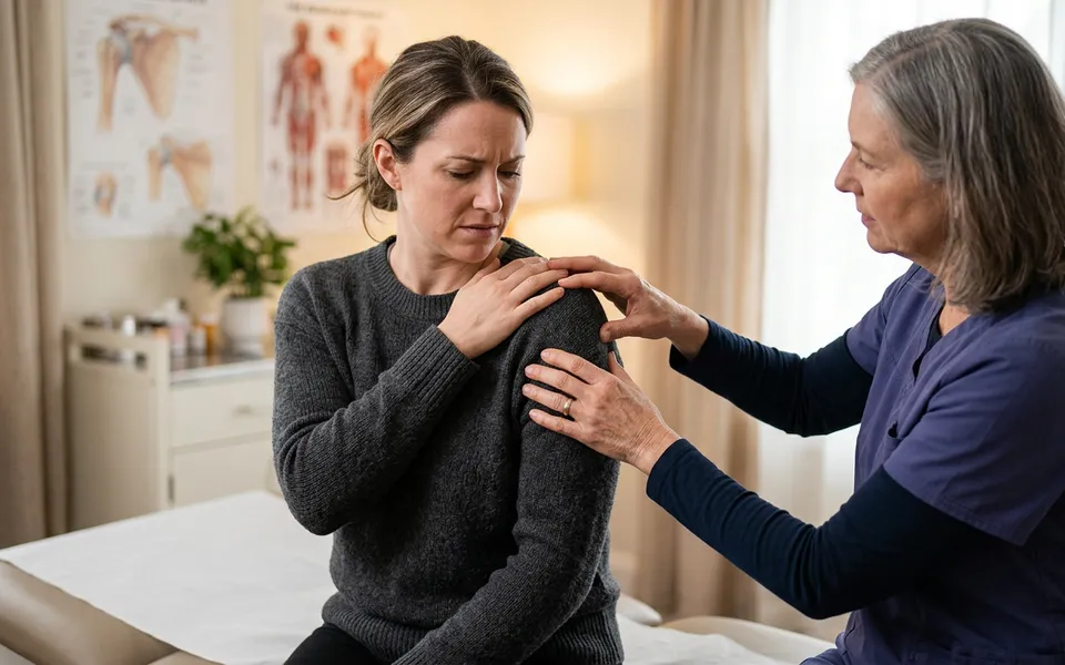 Paciente com dor no ombro durante avaliação médica especializada