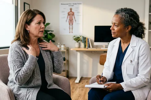 Paciente em consulta com especialista em dor para avaliação de fibromialgia