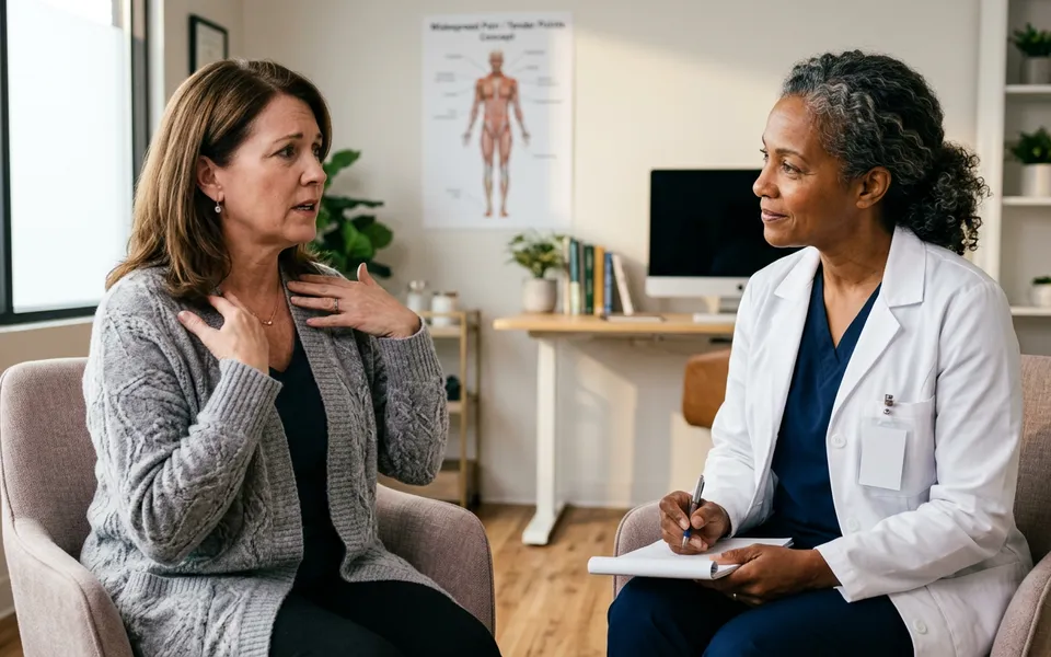 Paciente em consulta com especialista em dor para avaliação de fibromialgia