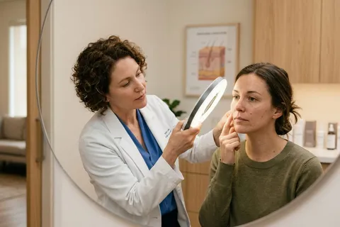 Mulher em consulta dermatológica avaliando flacidez facial e opções de tratamento