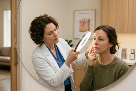 Mulher em consulta dermatológica avaliando flacidez facial e opções de tratamento