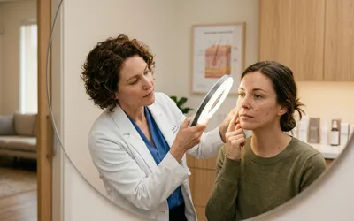 Mulher em consulta dermatológica avaliando flacidez facial e opções de tratamento
