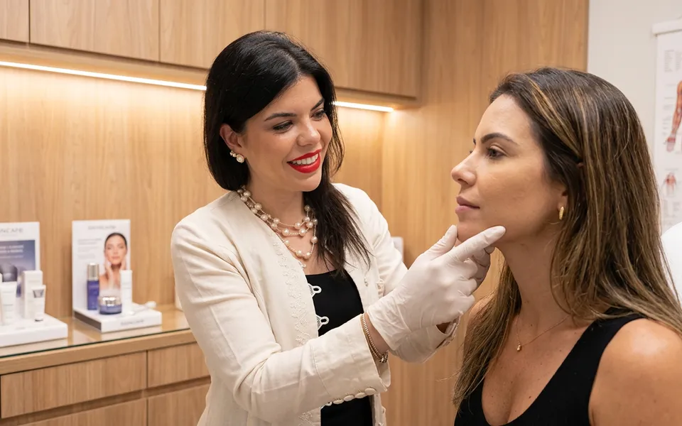 Médica realizando avaliação facial para planejamento de harmonização na AVA Clínica