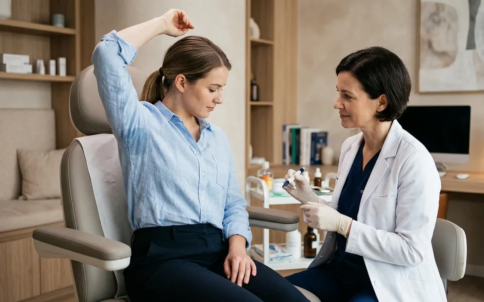 Paciente em consulta médica para avaliação de hiperidrose