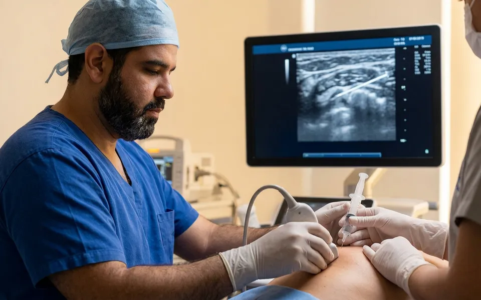 Médico realizando infiltração guiada por ultrassom em paciente na AVA Clínica