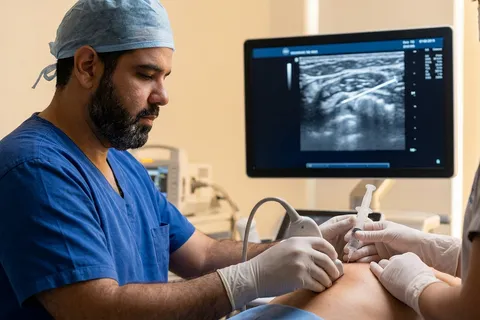 Médico realizando infiltração guiada por ultrassom em paciente na AVA Clínica