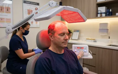 Paciente recebendo terapia com LED de baixa intensidade no couro cabeludo