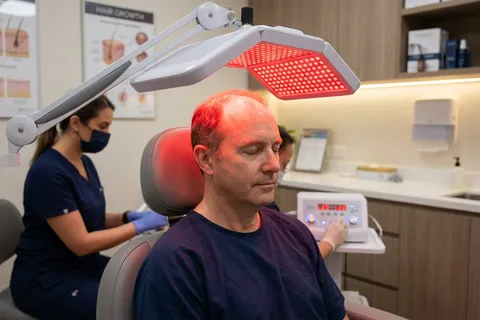 Paciente recebendo terapia com LED de baixa intensidade no couro cabeludo