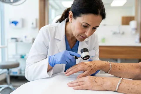 Dermatologista examinando manchas solares no dorso da mão de paciente