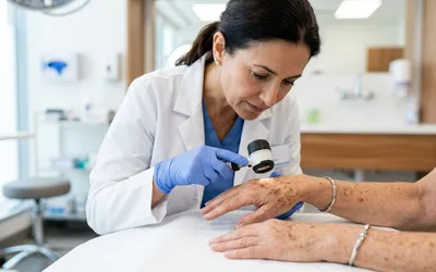 Dermatologista examinando manchas solares no dorso da mão de paciente