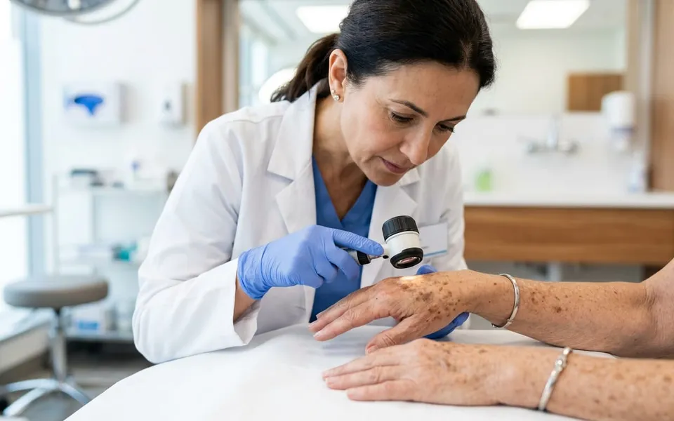 Dermatologista examinando manchas solares no dorso da mão de paciente