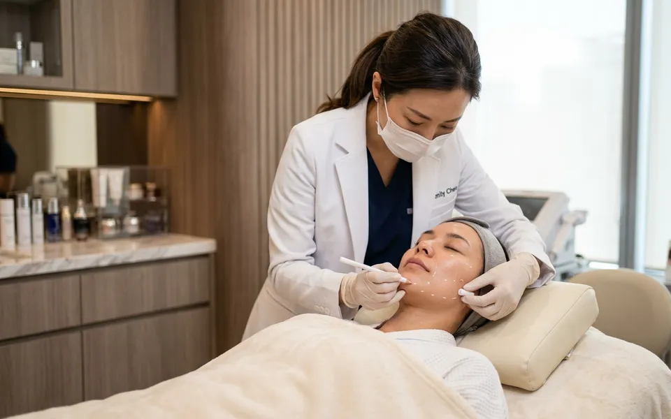 Dermatologista realizando marcação de pontos faciais para procedimento de preenchimento